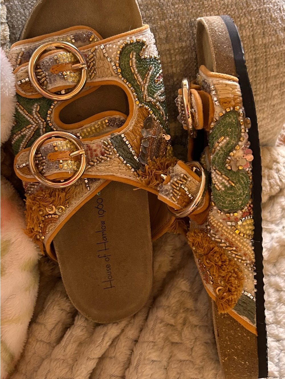 House of Harlow 1960 Orange and Green Beaded Double-Buckle Slide Sandals - Picture 2 of 3